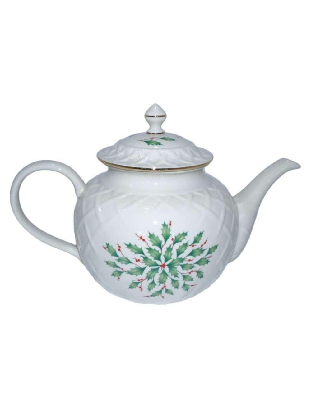 LENOX Dimensions Collection Holiday white TEAPOT green holly 7.5" tall with lid